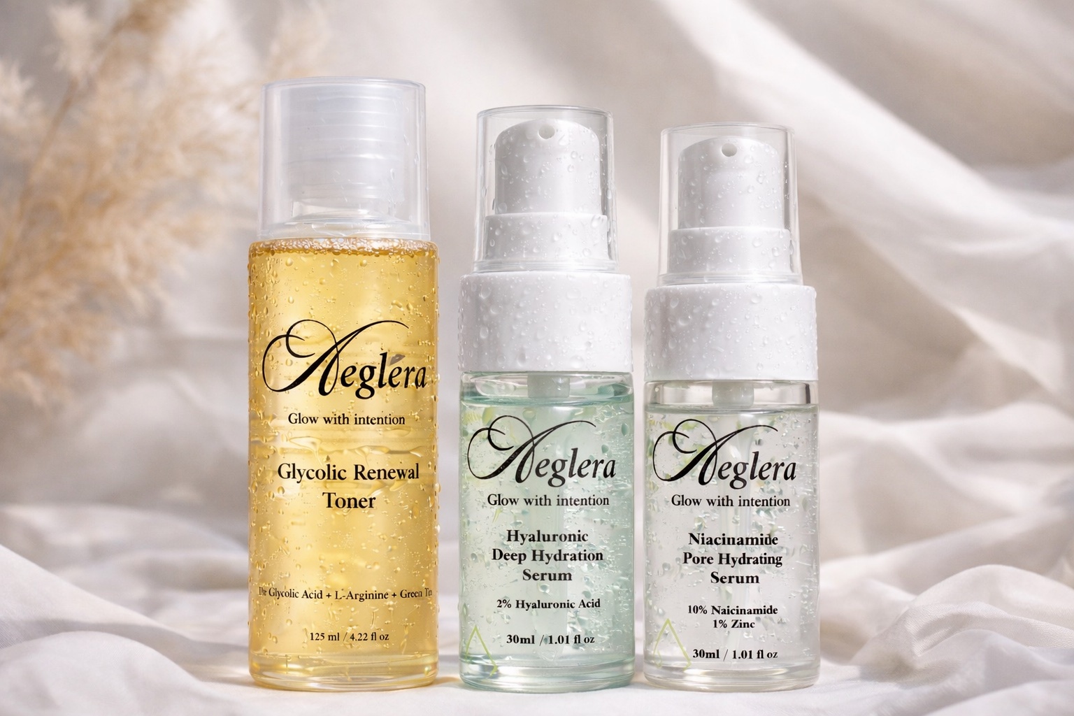 skincare ingredients on clean surface, botanical extracts, scientific laboratory aesthetic, minimal composition, natural lighting