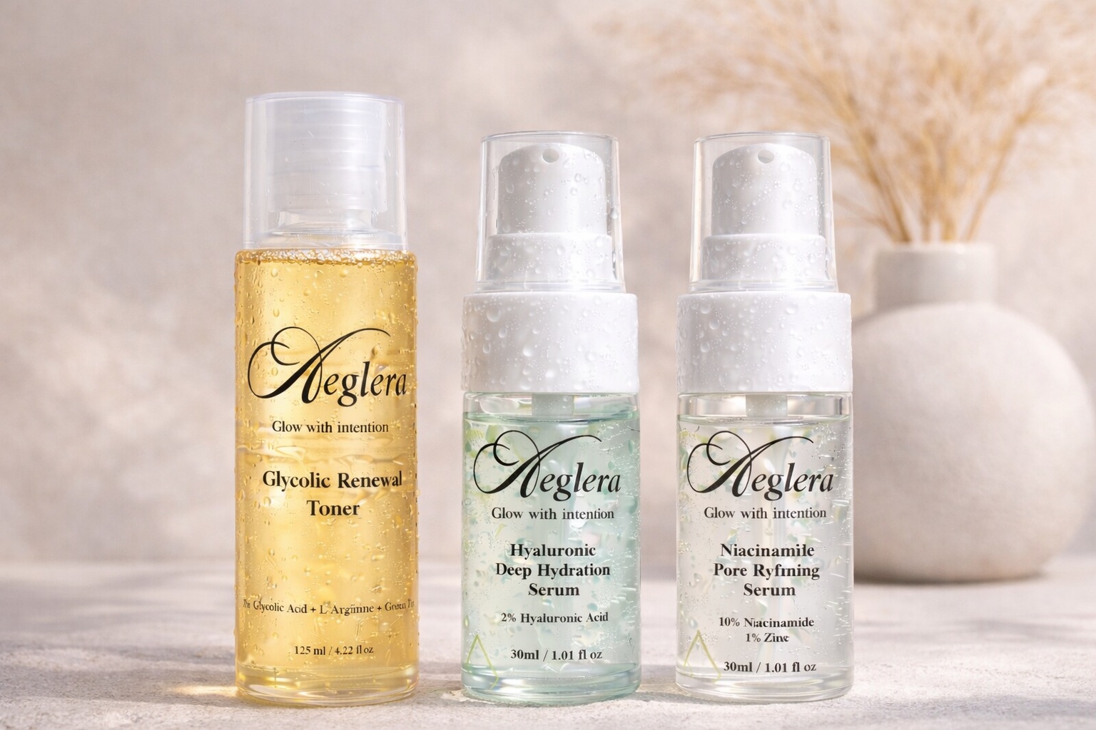 elegant skincare laboratory setup, clean minimal aesthetic, natural ingredients, scientific equipment, warm lighting