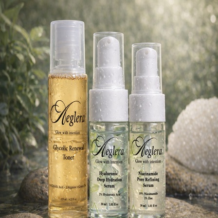 elegant minimal skincare serum bottle on clean white surface, soft natural lighting, premium product photography, beige and green tones