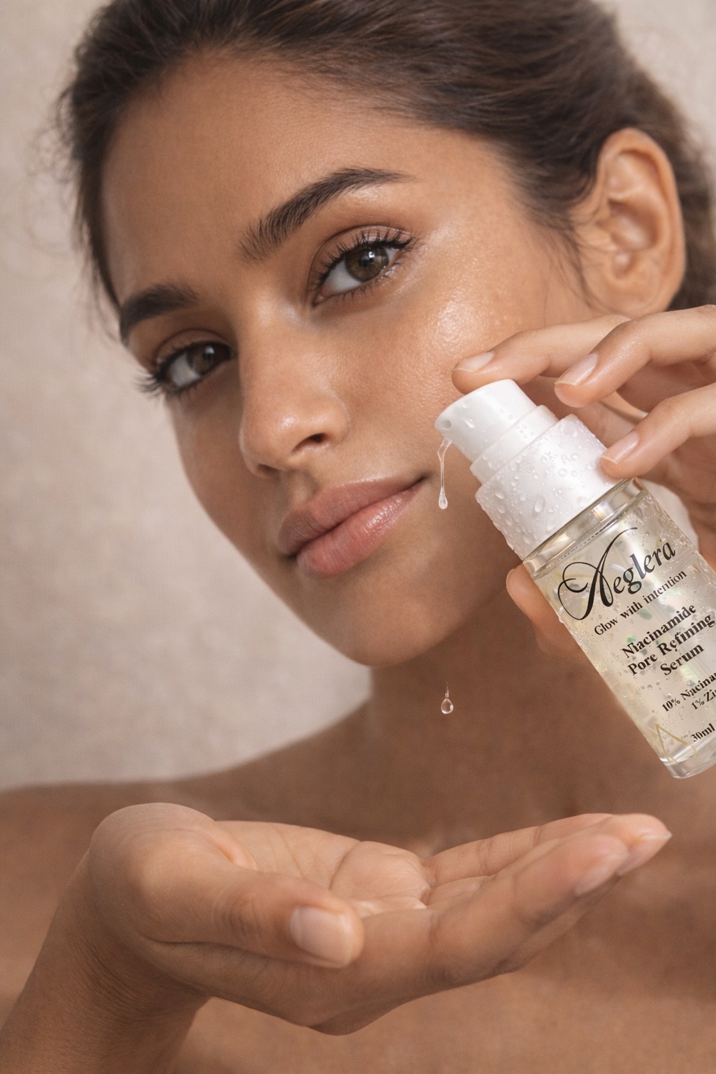 woman applying skincare serum, natural beauty, minimal aesthetic, soft lighting, peaceful expression